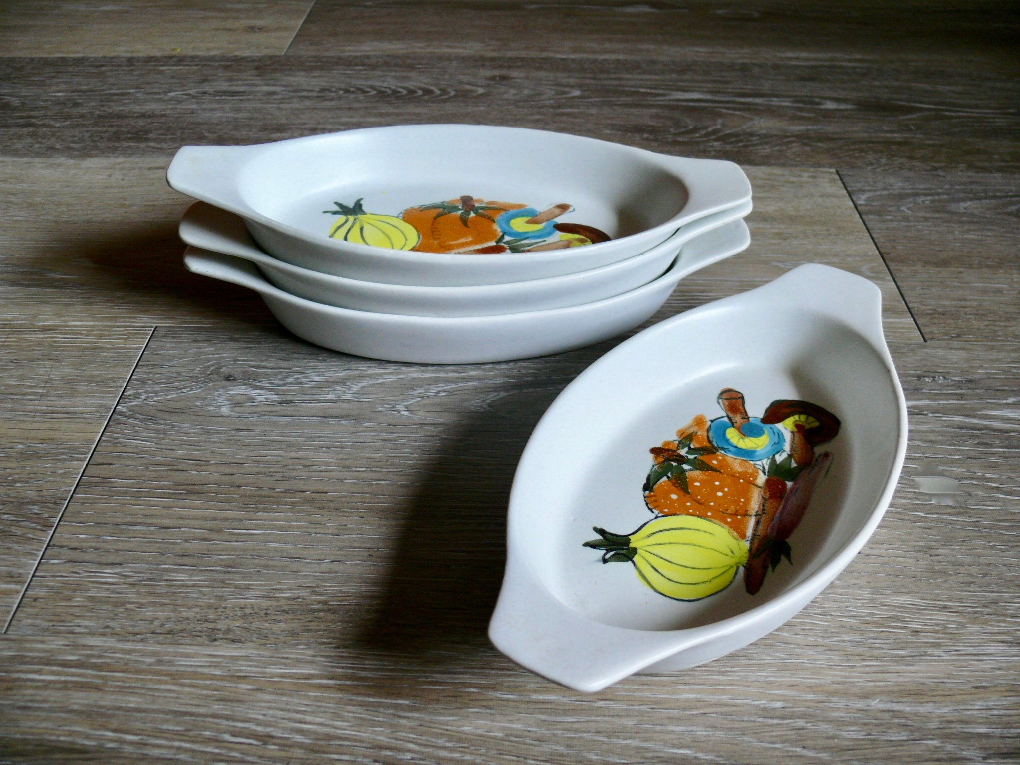 4 Stoneware Individual Au Gratin Dishes with Hand Painted Etsy