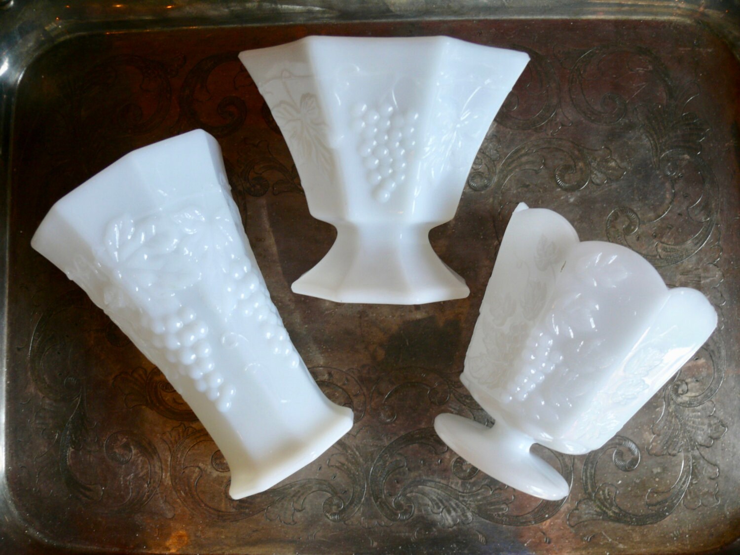 6 Assorted Milk Glass Compotes Vases Harvest Grape Leaf Etsy