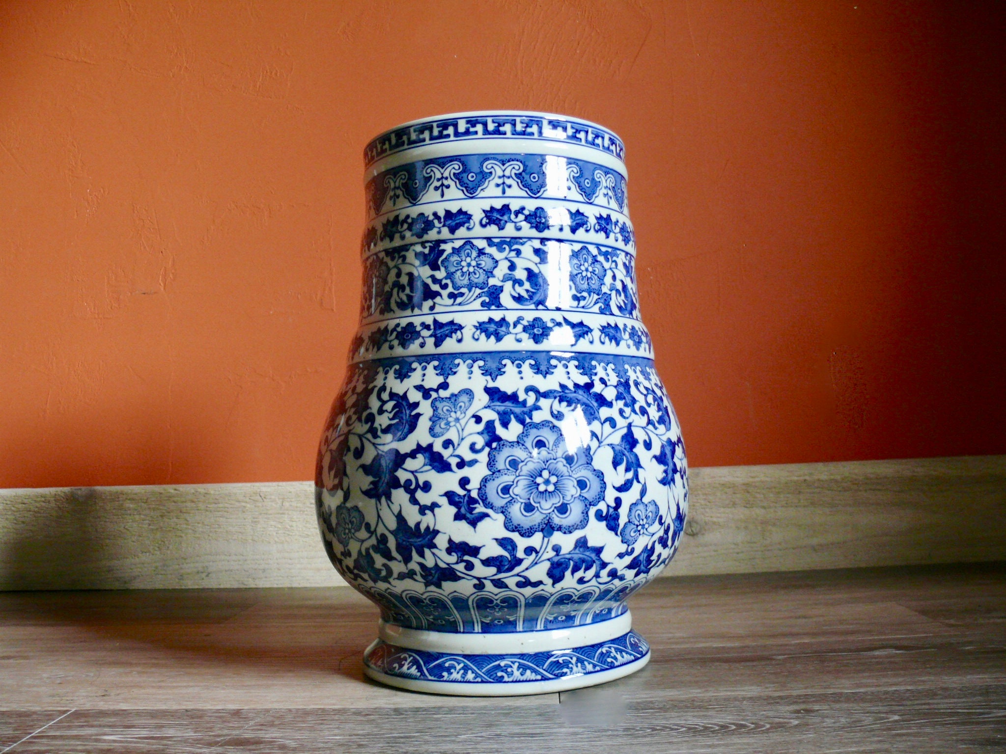 Tall Chinoiserie Blue White Chinese Vase Vintage 14 Etsy