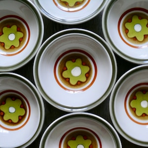 Vintage Paradiso Stoneware Soup Bowls, Set of Seven, 1970s Floral Cereal Bowls