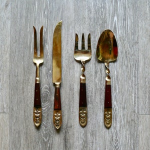 Vintage Siam Brass Serving Utensils Set of 4, Rosewood Buddha Handle Flatware, Twisted Salad & Carving Set, Thailand Kitchen Decor