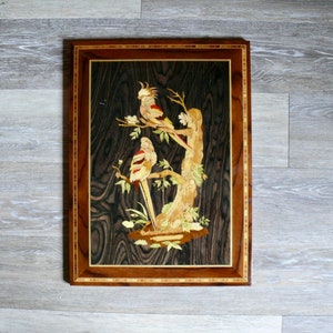 Marquetry Parrot Wall Plaque, Vintage Inlaid Wood Veneer Picture, Exotic Bird Art