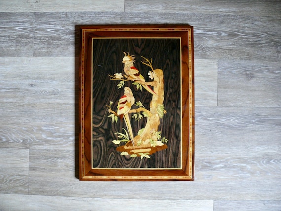 Marquetry Parrot Wall Plaque, Vintage Inlaid Wood Veneer Picture, Exotic Bird Art