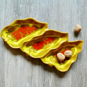 Vintage Calif Pottery Divided Serving Dish, Boho 14&quot; Leaf Shaped Three Part Catch All Tray with Red Yellow Drip Glaze, Mid Century Pottery