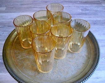8 Dewdrop Marigold Glass Tumblers, Jeannette Optic 9oz Tumblers, Amber Iridescent Carnival Glass, Marigold Wedding, Mid Century Drinkware