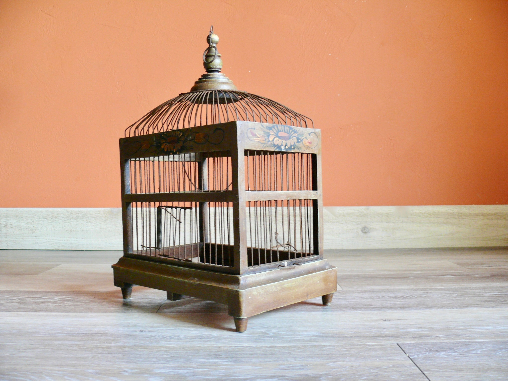 Tole Painted Wood and Wire Birdcage With Top Hanging Ring - Etsy