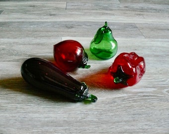 Blown Glass Fruit and Vegetable Set, Vintage Art Glass Centerpiece Decor