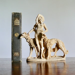 Vintage Fashion Lady with Borzoi Dogs Statue, Art Deco Resin Figurine