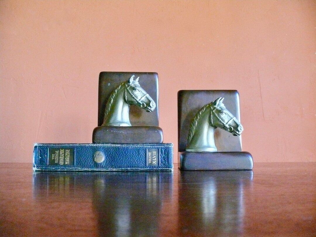 Vintage Wood Brass Horse Head Bookends Equestrian Metal Wood Etsy