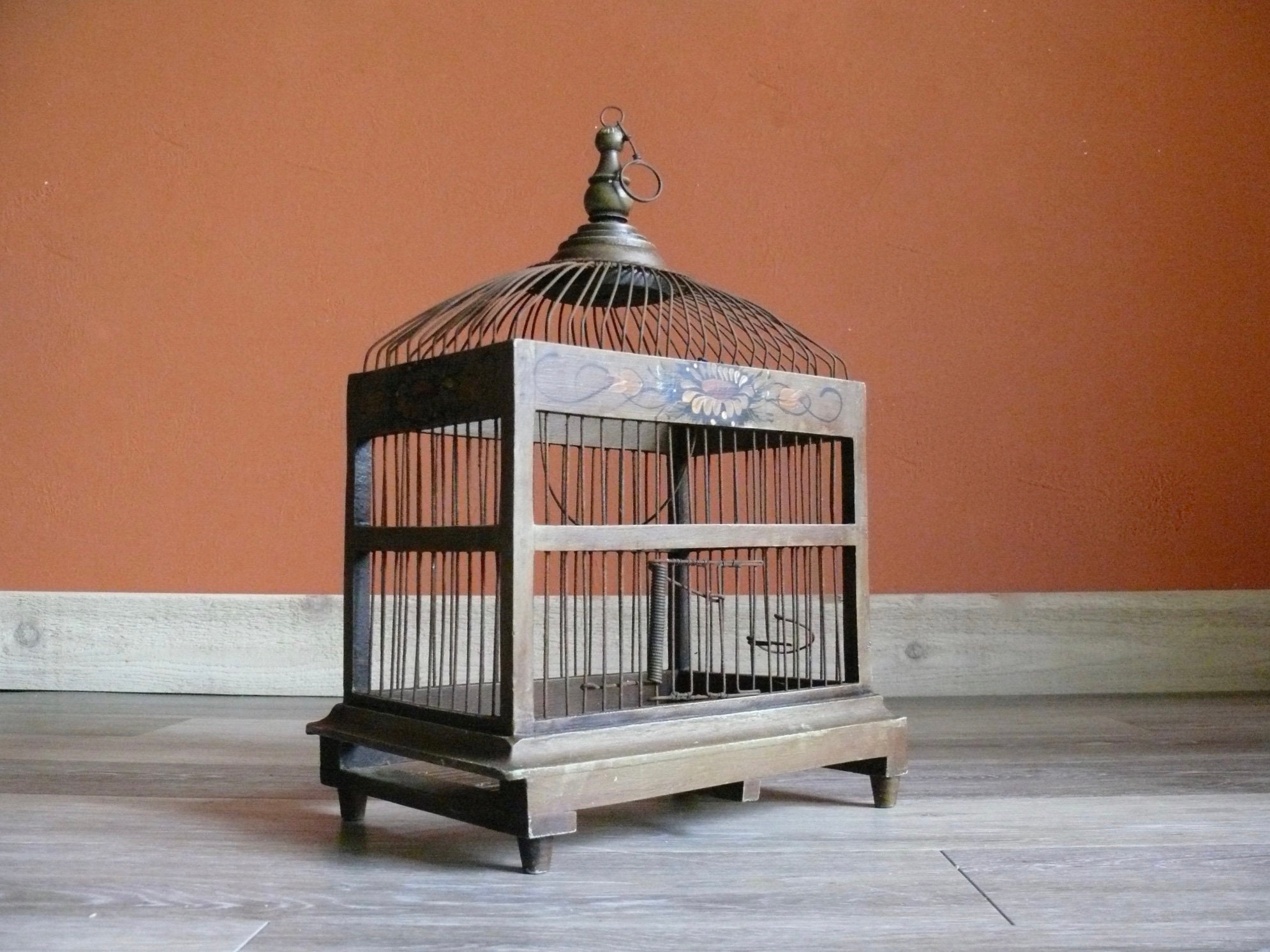 Tole Painted Wood and Wire Birdcage With Top Hanging Ring - Etsy