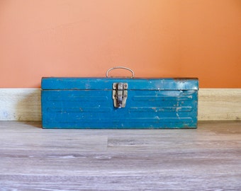 Distressed 19" Blue Metal Tool Box, Vintage Union Steel Chest Corp, Craft Supply Tote Rustic Organization Storage, Industrial Planter