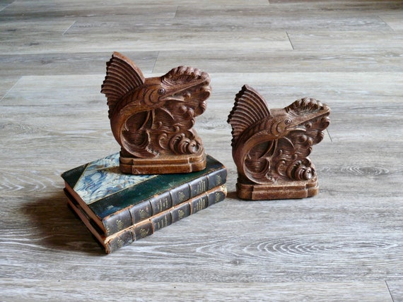 Syroco Wood Sailfish Bookends, Vintage Pressed Wood Swordfish Marlin Nautical Ocean Fishing Decor