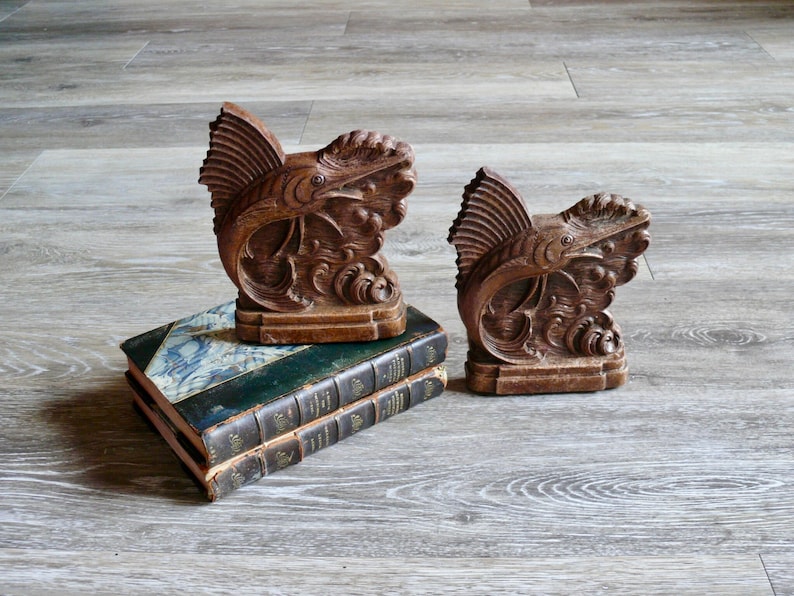 Syroco Wood Sailfish Bookends, Vintage Pressed Wood Swordfish Marlin Nautical Ocean Fishing Decor