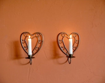 2 Brass Heart Shaped Taper Candle Wall Sconces, Vintage 8" Love Heart Wall Hanging Candleholders, Boho Wedding Candle Wall Decor