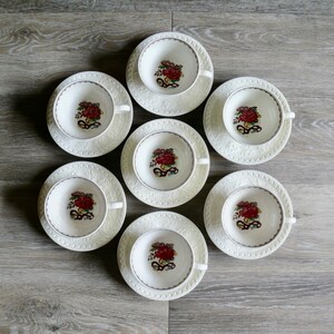 7 Bullfinch Wellesley Wedgwood China Footed Cup & Saucer Sets, Floral Birds Butterfly Pattern, Vintage English Tea Party China