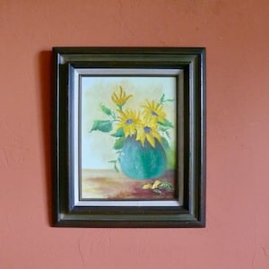 Original Yellow Sunflowers in Green Vase Oil Painting, Vintage 14&quot; Yellow Flower Still Life in Beveled Wood Frame, Floral Garden Wall Art