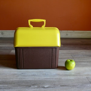 Retro Yellow and Brown Swinger Cooler Ice Chest, Vintage 14&quot; Poloron Covey Insulated Lunch Cooler, 70s Camping Beach Picnic Beer Cooler