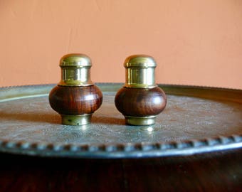 Petit Wood Brass Salt & Pepper Shakers, Housewarming Gift, Vintage Country Farmhouse Outdoor Dining Rustic Tabletop