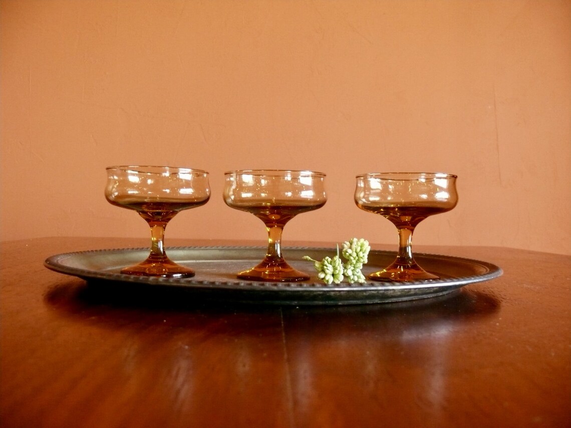 3 Amber Glass Pedestal Dessert Dishes Footed Sherbet Bowls Etsy