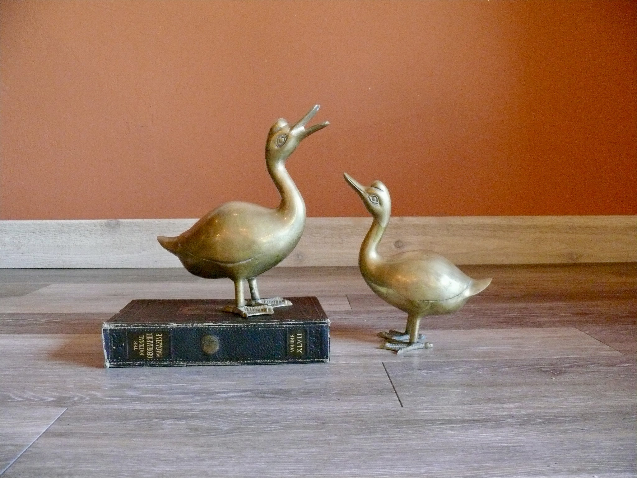 Vintage 2 Solid Brass Geese Pair Duck Figurines MCM Brass Goose