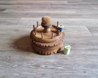 Rustic Wooden Sewing Caddy with Pincushion Spool Holders, Vintage Catskills Style Notions Storage Box