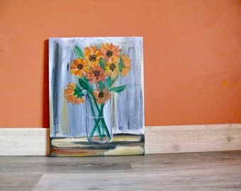 Vintage Black Eyed Susan Oil Painting, Wildflower Floral Still Life, Gallery Wall Art