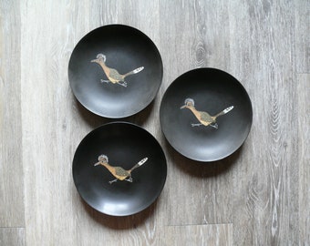 3 Couroc Inlaid Roadrunner Bird Bowls, Vintage 70s Decorative Catch-All Dishes Made in Monterey CA, Southwestern Desert Decor