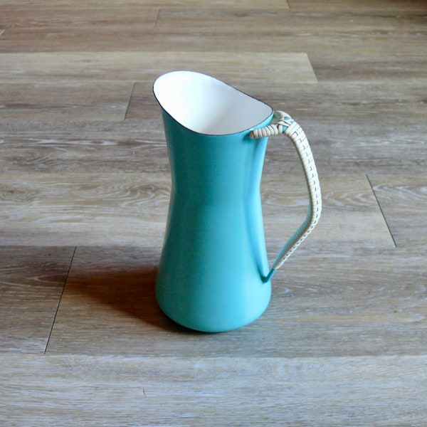 Dansk Kobenstyle Turquoise Blue Enamel Pitcher with Wrapped Handle, 60s Jens Quistgaard Scandinavian Enamelware, Danish Modern Barware