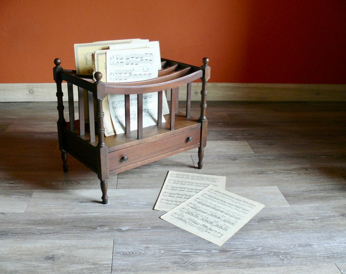 Mahogany Wood English Canterbury Sheet Music Rack With Drawer, Vintage
