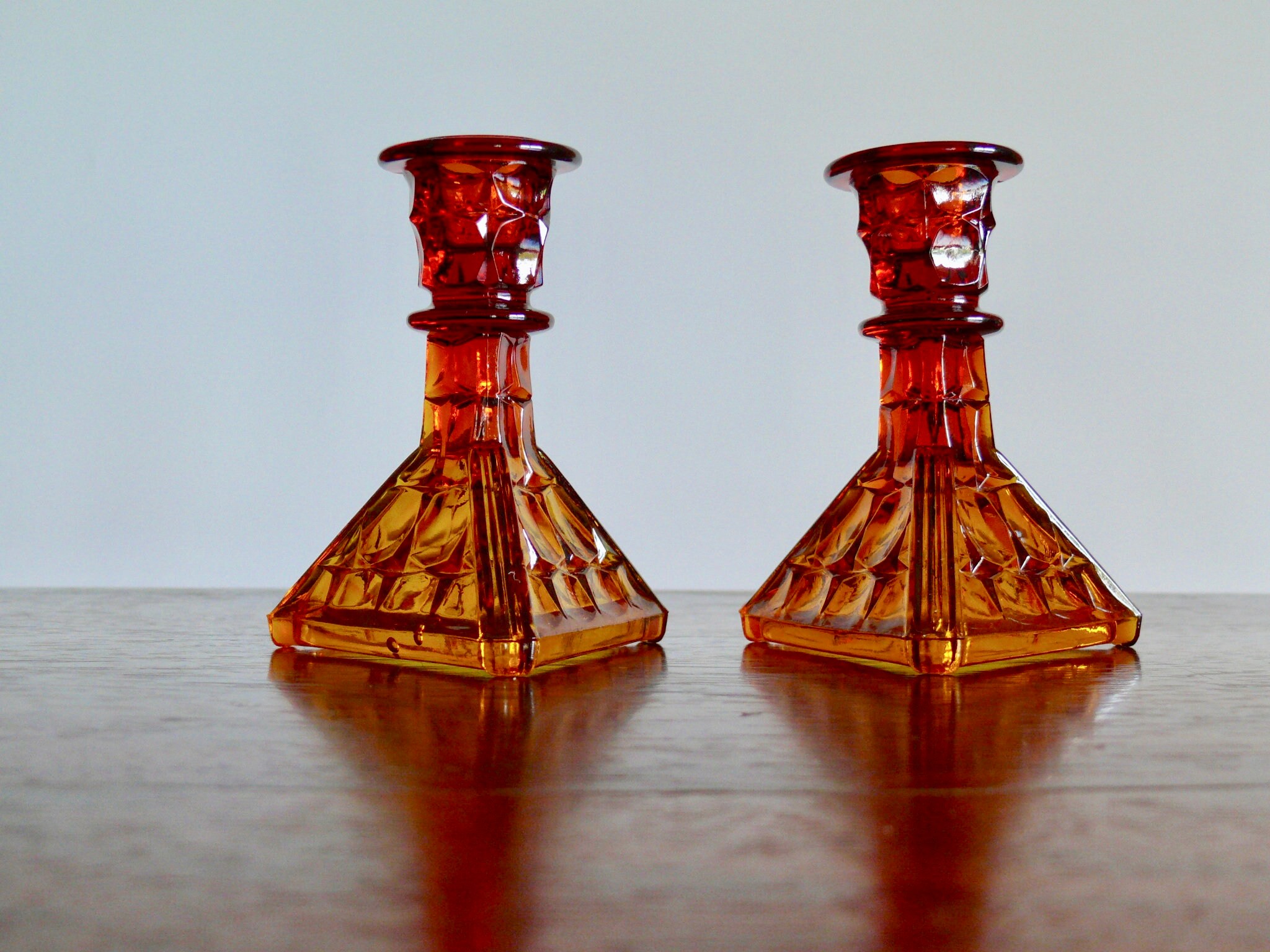 2 Sunset Amberina Tiara Taper Candle Holders Vintage Indiana Etsy