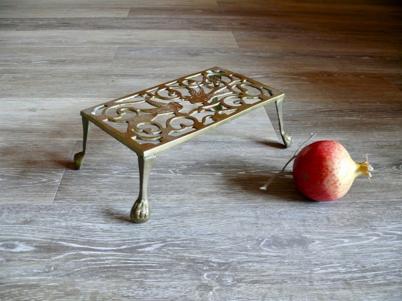Brass Birds Trivet Stand Large 10 Pot Holder Warmer Claw Footed Fireplace Kettle Plant Love Wedding Gift