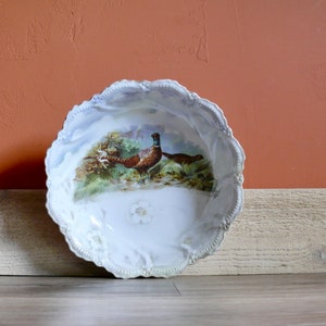 Antique Hand Painted Pheasant Game Bird Serving Bowl, Round 10&quot; Leuchtenburg Germany Porcelain Bowl, Country Hunting Lodge Wall Decor
