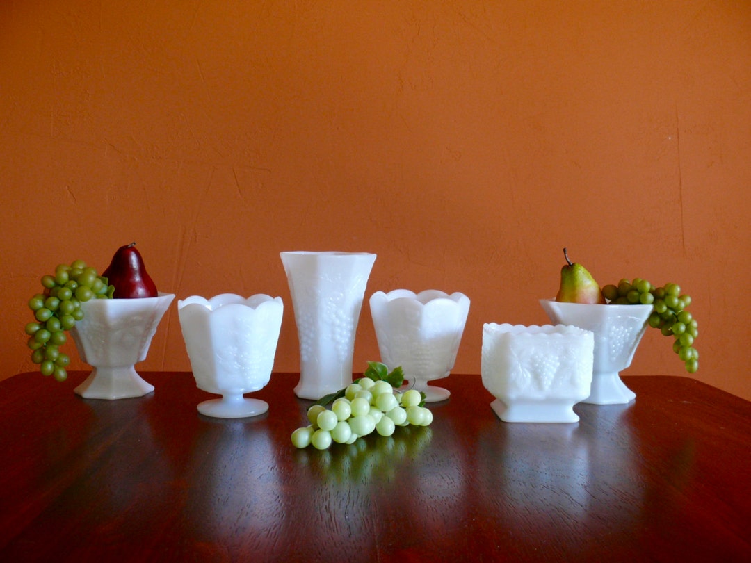 6 Assorted Milk Glass Compotes Vases Harvest Grape Leaf Etsy