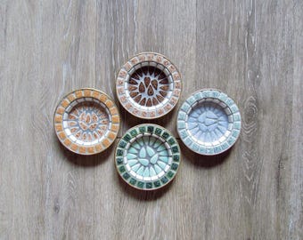 Vintage Mosaic Tile Coasters, Set of Four, Boho Trinket Dishes, Made in Japan