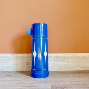 Vintage Aladdin 1 Qt Thermos with Vanguard Blue White Black Diamond Pattern, Retro Coffee Lunch Picnic Camping Outdoor Dining Drinkware