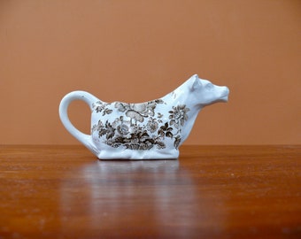 Royal Crownford Charlotte Cow Creamer, Cow Shaped Brown Transferware Pitcher Made in England, Vintage Heirloom China