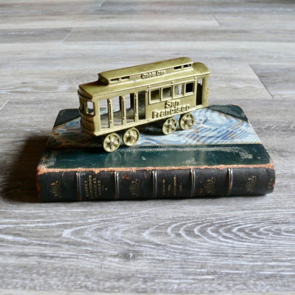 Brass San Francisco Cable Car Figurine with Turning Wheels, Vintage 4" San Francisco California Trolley Car Souvenir Paperweight Gift