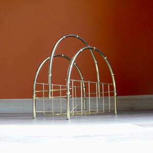 Gold Metal Faux Bamboo Magazine Rack, Arched Curved Vinyl Record Rack, Vintage Hollywood Regency Office Home Decor Storage Rack