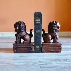 Vintage Carved Wood Foo Dog Bookends, Matching Hand Carved Solid Wood Chinese Guardian Lion Statues, Feng Shui Decor