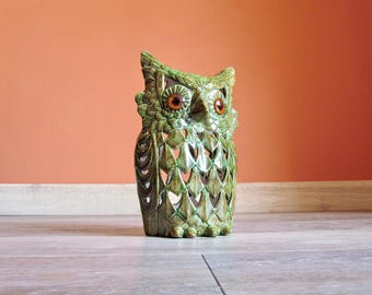 Large Owl Lantern with Amber Eyes, 1970s Green Drip Glaze Ceramic Candle Luminary