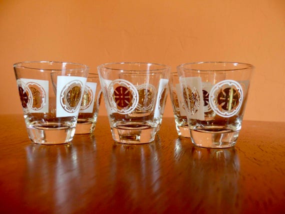 6 Double Shot Glasses With Gold White Medallion Overlay, Vintage Anchor  Hocking Cocktail Glasses Barware 