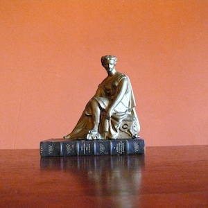 Antique Spelter Grecian Goddess on Bench Clock Topper, 6&quot; Art Nouveau Left Facing Greek Figure Mantle Clock Statue, Victorian Garden Decor