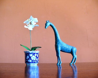 Brass Giraffe Figurine, Vintage 11 Inch Verdigris Patina Statue, Jungle Animal Bookend