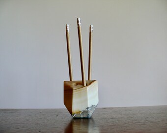 Geometric Marble Paperweight Seven Pencil Holder, Vintage Modern Cut and Polished Stone Desk Organizer, Fathers Day Gift
