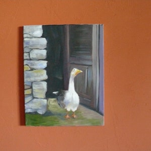 Original White Goose in Barnyard Oil Painting on Canvas, Vintage 14&quot; Impressionist Style French Country Farmhouse Painting, Gallery Wall Art
