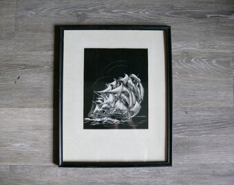 Scratchboard Schooner Sailing Ship Drawing Matted and Framed Under Glass, Artist Signed Original Etching on Black, Vintage Nautical Art