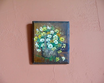 Vintage Floral Painting on Wood, 70s Daisies Still Life Art, Rustic Wall Decor