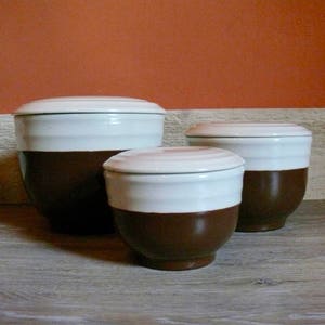 3 Stackable Ceramic Kitchen Containers, Lidded Nesting Refrigerator Bowls, Graduated Ceramic Storage Jars, Rustic Farmhouse Kitchen Storage