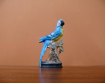 Vintage Ceramic Parrot Figurine, Tropical Blue Yellow Macaw Bird Statue, Tiki Decor