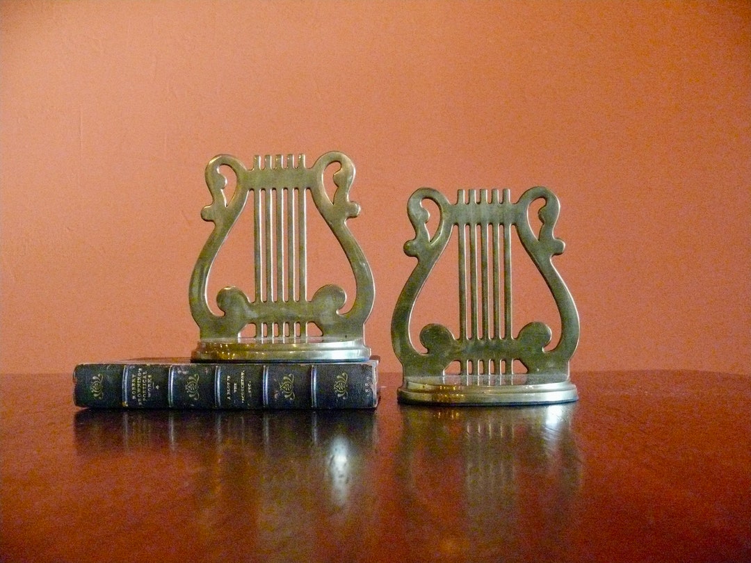 Vintage Brass Lyre Harp Bookends Engraved With Life is a Song Etsy